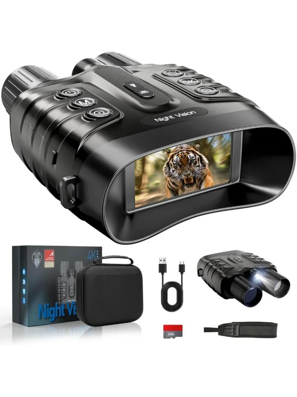 4K Night Vision Binoculars with 8X Zoom, 48MP, HD Screen & 32GB Card - Ideal for
